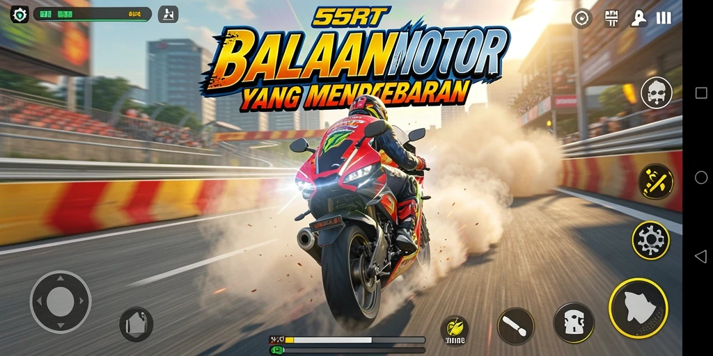 Screenshot 55RT menunjukkan aksi balapan mendebarkan di lintasan.