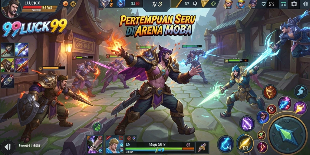 Screenshot gameplay 99LUCK99 yang menunjukkan aksi pertempuran MOBA yang intens.