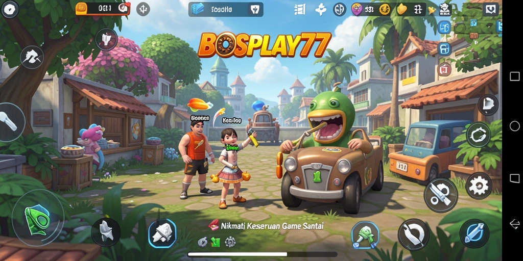 Screenshot utama BOSPLAY77 menampilkan gameplay santai yang penuh warna.