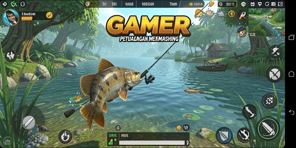 Screenshot gameplay GAMERP yang menunjukkan pengalaman memancing yang seru.