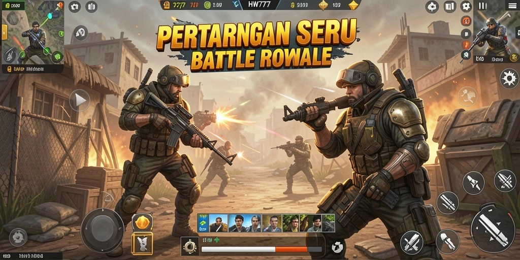 Screenshot gameplay HW777 menampilkan aksi seru dalam pertarungan Battle Royale.