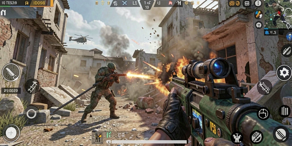Tampilan gameplay intens dalam pertempuran FPS yang seru.