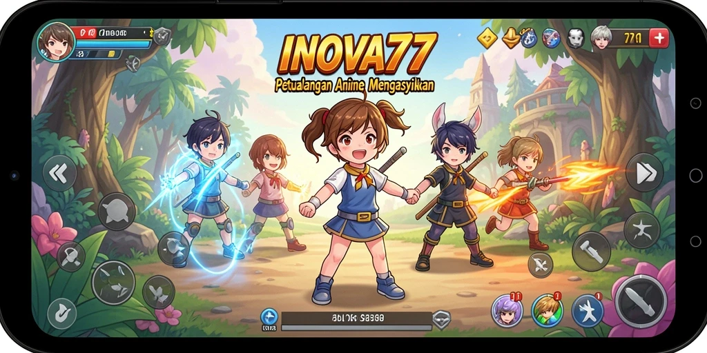 Tampilan gameplay INOVA77 yang penuh warna dan dinamis.