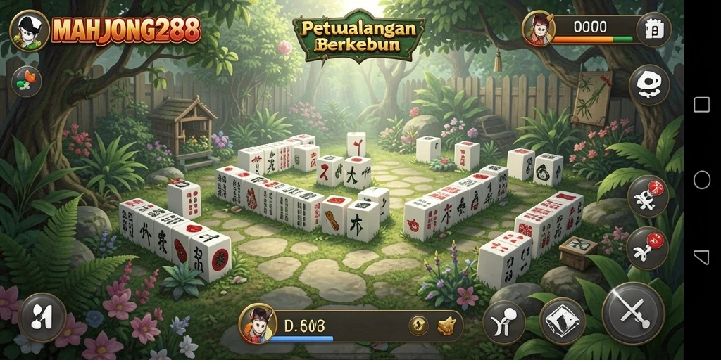 Tampilan screenshot game MAHJONG288 menampilkan kebun yang indah dan tanaman subur.