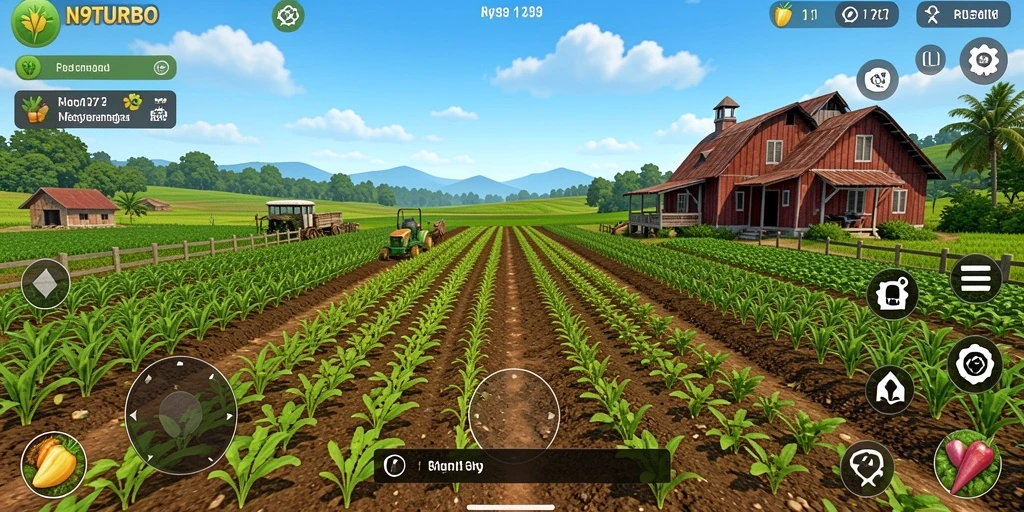 Tampilan gameplay N9TURBO dengan aktivitas bertani yang seru.