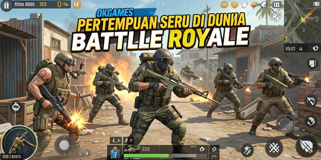 Screenshot OKGAMES menampilkan aksi pertempuran Battle Royale yang mendebarkan.
