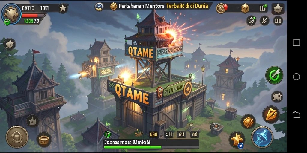 Tangkapan layar QTGAME menunjukkan aksi menara mempertahankan dari serangan musuh.