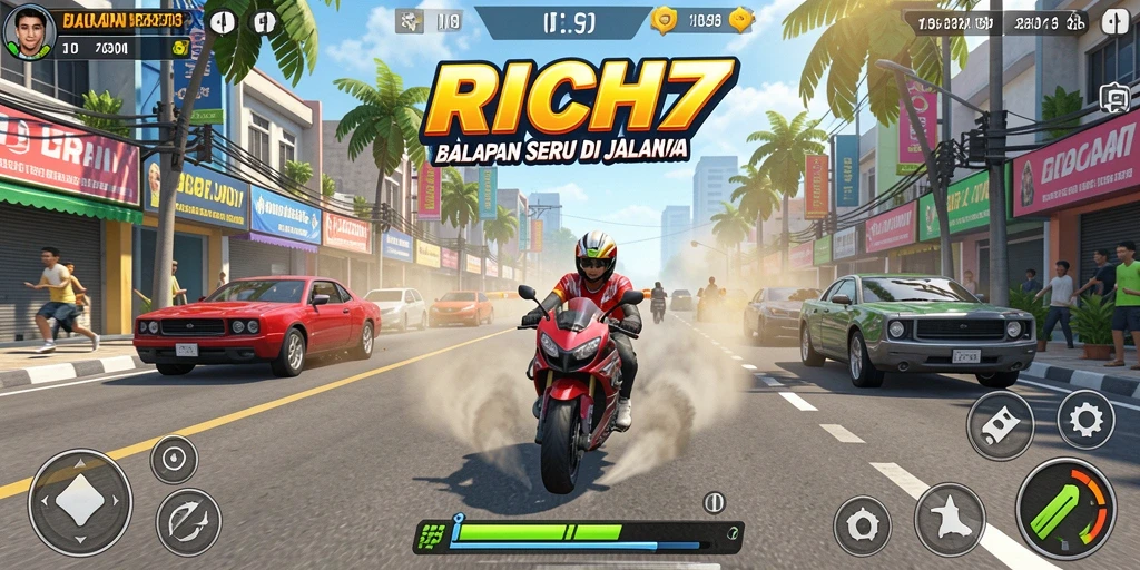 Gameplay RICH7 menampilkan balapan mendebarkan di trek yang menantang.