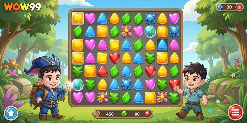 Tampilan gameplay WOW99 dengan aksi seru di level Match-3.